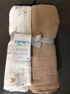 Carter's Baby Muslin Swaddle Set in White & Tan with Woodland Motif